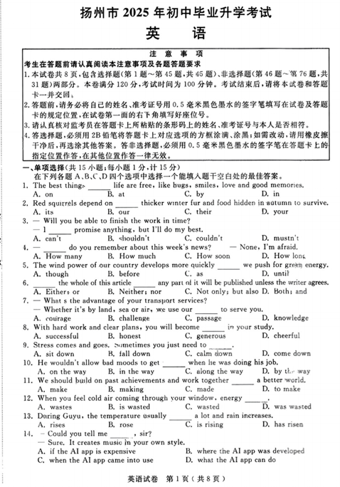 2025年江苏省扬州市中考真题英语试题