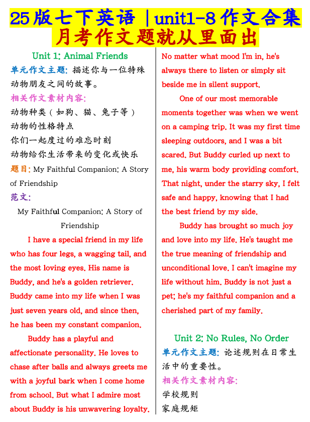 25版七下英语unit1-8作文合集