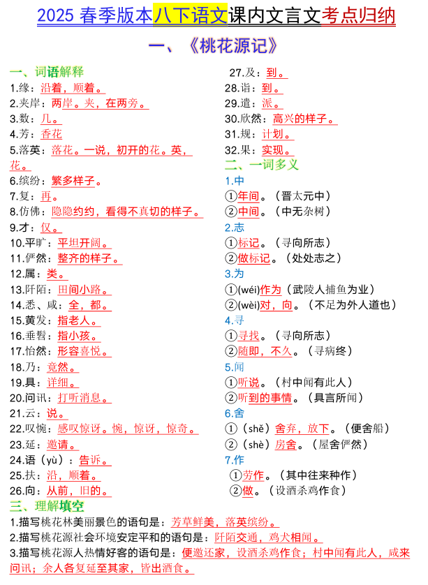2025八下语文课内文言文考点归纳