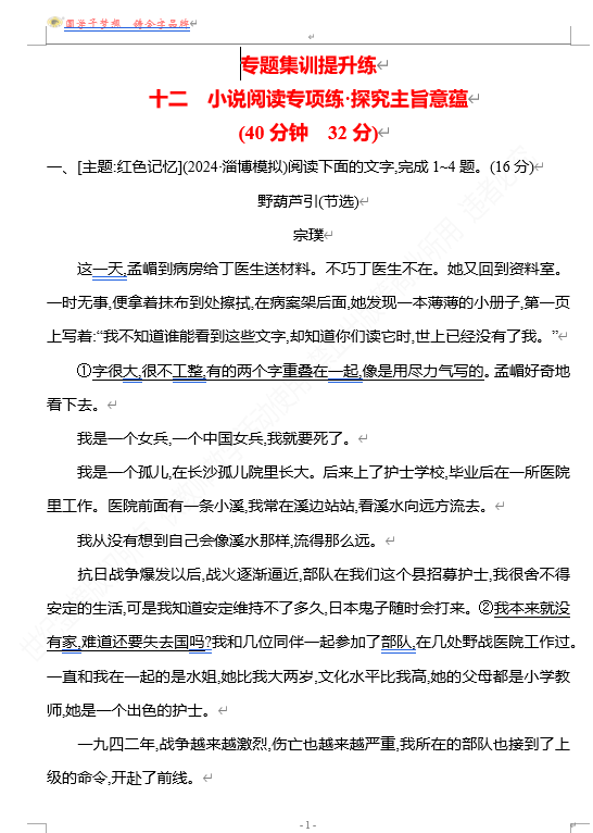 2026版《高中全程复习方略》 语文 强基版 专题二　十二　小说阅读专项练•探究主旨意蕴