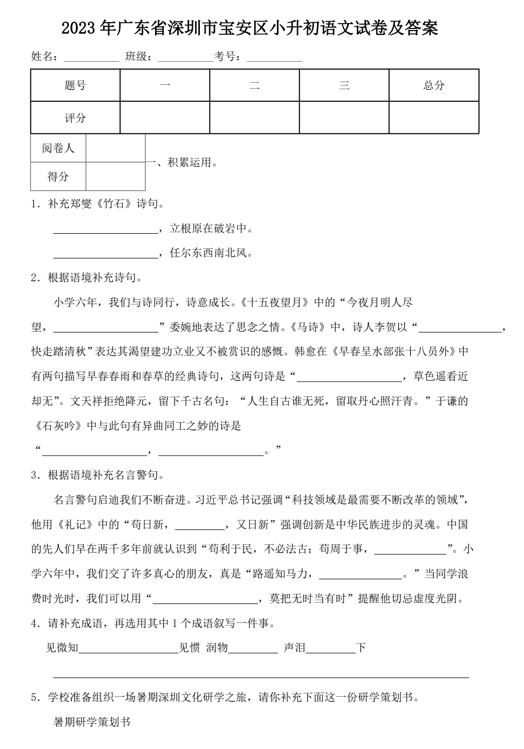 2023年广东省深圳市宝安区小升初语文试卷及答案