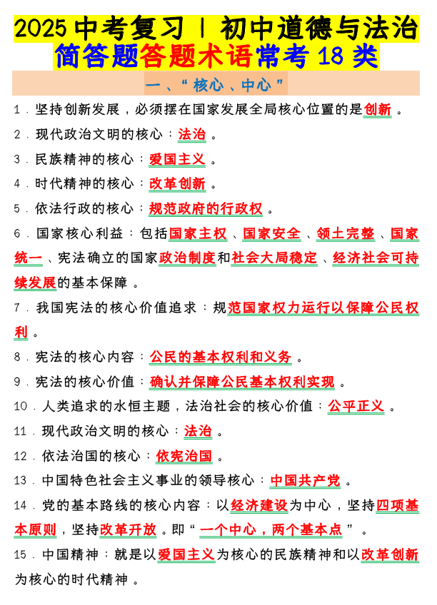 2025中考复习 _ 初中道德与法治：简答题答题术语常考18类