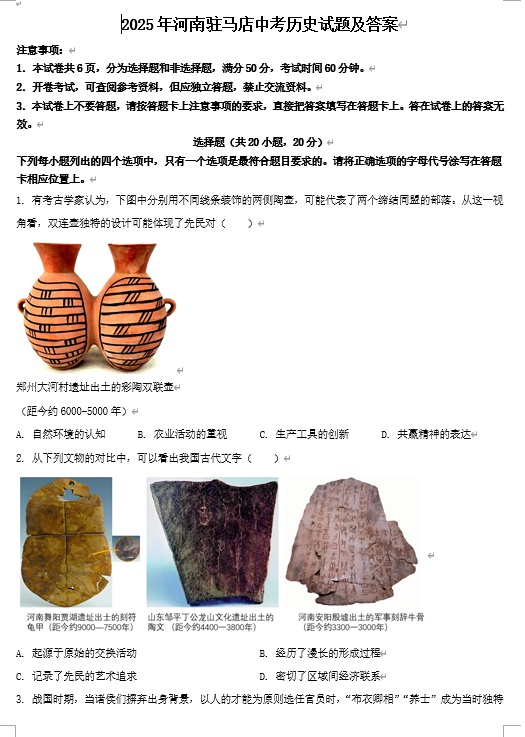 2025年河南驻马店中考历史试题及答案