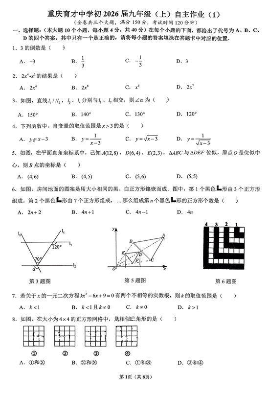 重庆市九龙坡区育才中学校2025-2026学年上学期九年级数学第一次自主作业试卷