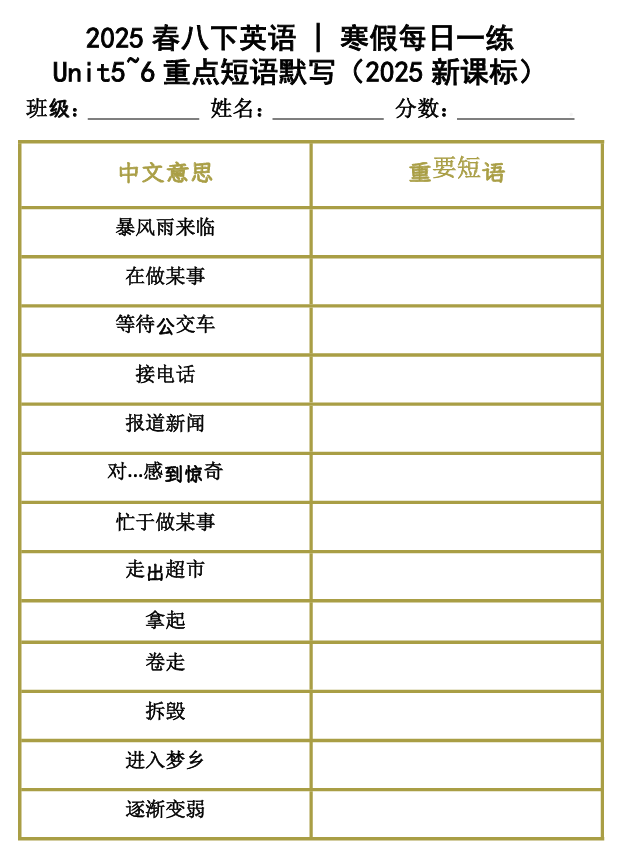 2025春八下英语 _ 寒假每日一练 Unit5~6重点短语默写