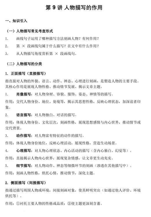 中考语文一轮复习：人物描写的作用