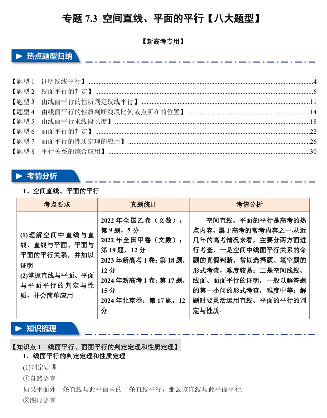 2026年高考数学一轮复习【举一反三】专练（新高考专用）专题练系列 7.3 空间直线、平面的平行【八大题型】