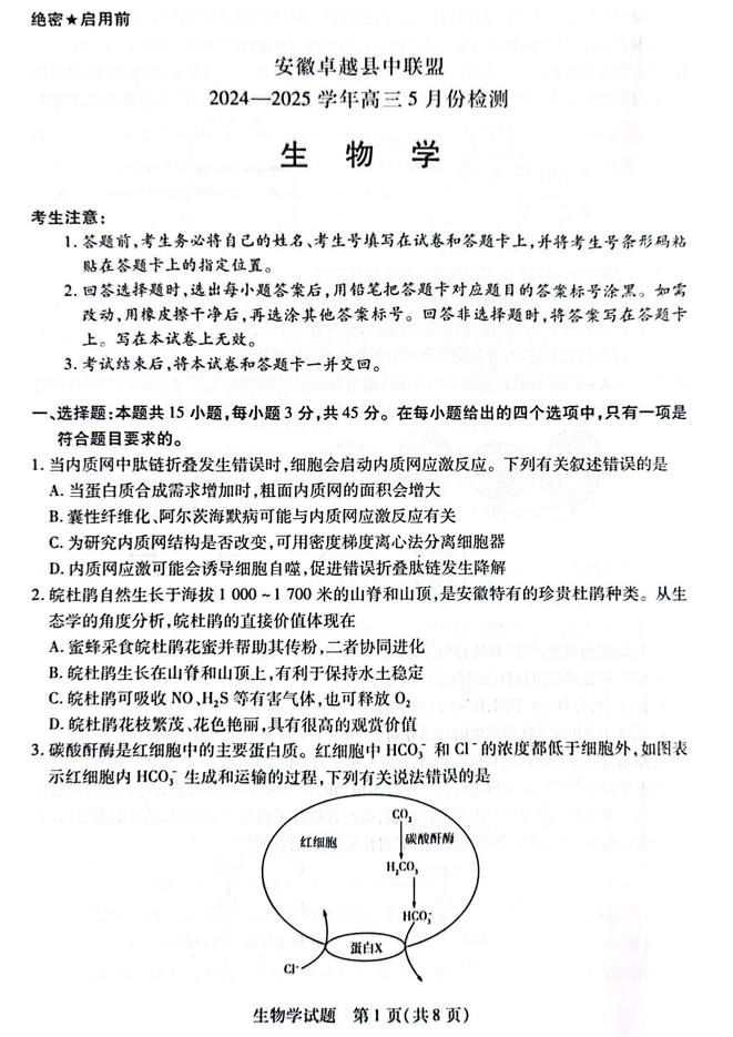 安徽卓越县中联盟2024—2025学年高三下学期5月份检测生物试题+答案