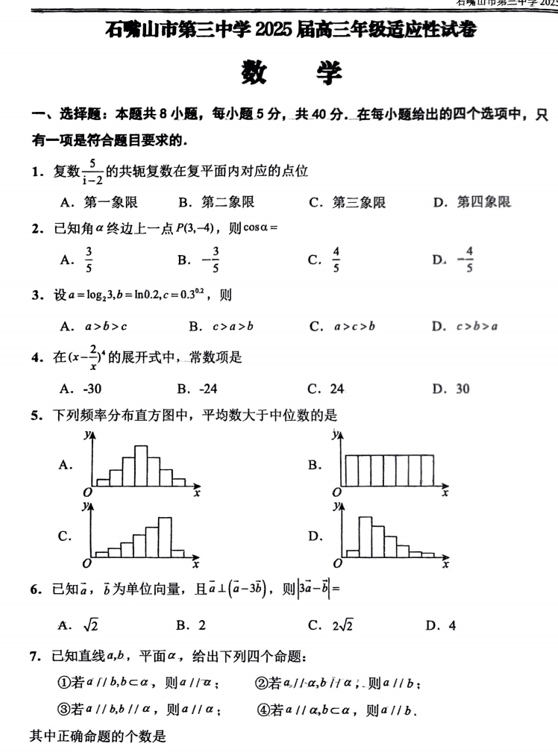 宁夏石嘴山市第三中学2025届高三年级适应性考试数学试题