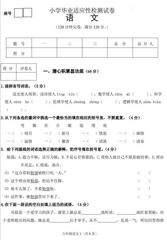 小学毕业检测试题-2023-2024学年六年级下册语文统编版