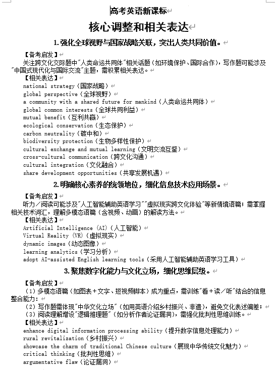 2026届高考英语新课标核心调整和相关表达积累（共十个）清单