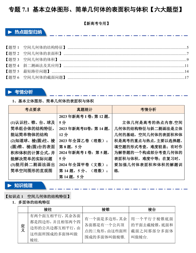 2026年高考数学一轮复习【举一反三】专练（新高考专用）专题练系列 7.1 基本立体图形、简单几何体的表面积与体积【六大题型】
