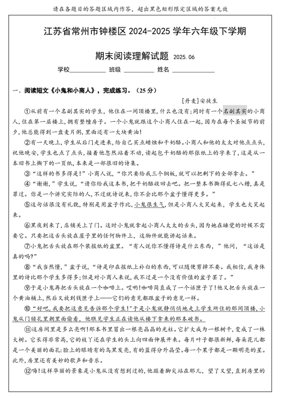 期末阅读理解试题（专项训练）2024-2025学年统编版语文六年级下册