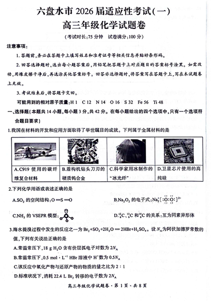 贵州省六盘水市2026届高三上学期适应性考试（一模）化学试题