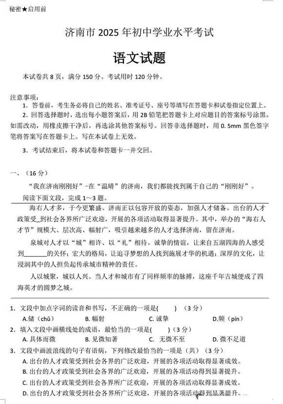 2025年山东省济南市中考语文真题