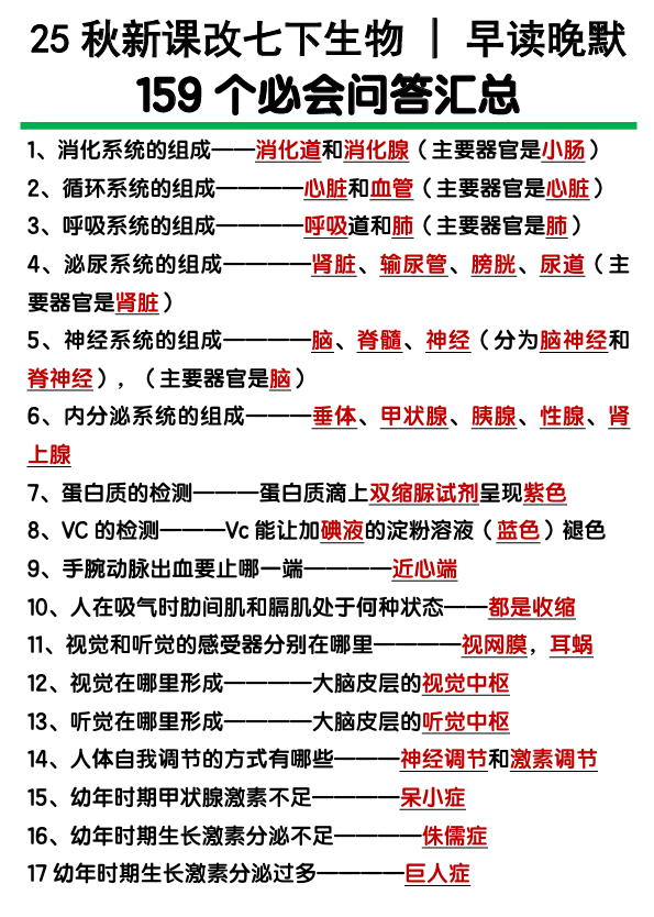 【2025秋新版】七下生物159个必会问答汇总