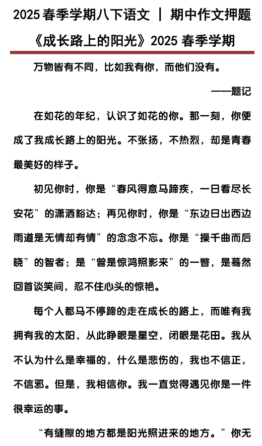 八下语文期中作文押题《成长路上的阳光》