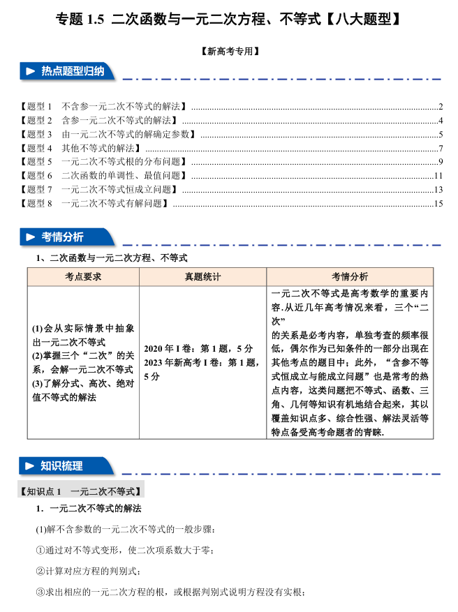 2026年高考数学一轮复习【举一反三】专练（新高考专用）专题练系列 1.5 二次函数与一元二次方程、不等式【八大题型】