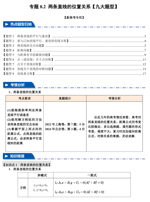 2026年高考数学一轮复习【举一反三】专练（新高考专用）专题练系列 8.2 两条直线的位置关系【九大题型】