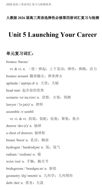 Unit+5+Launching+Your+Career+词汇复习与检测清单-2026届高三英语人教版选择性必修第四册