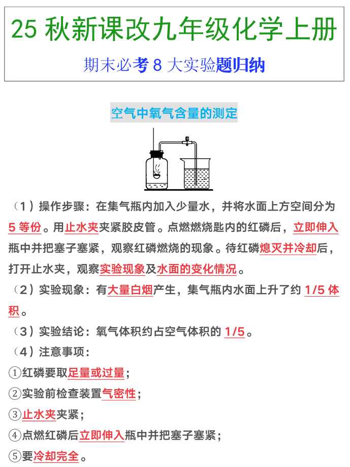 【2025秋新版】九年级上册化学期末必考8大实验题归纳