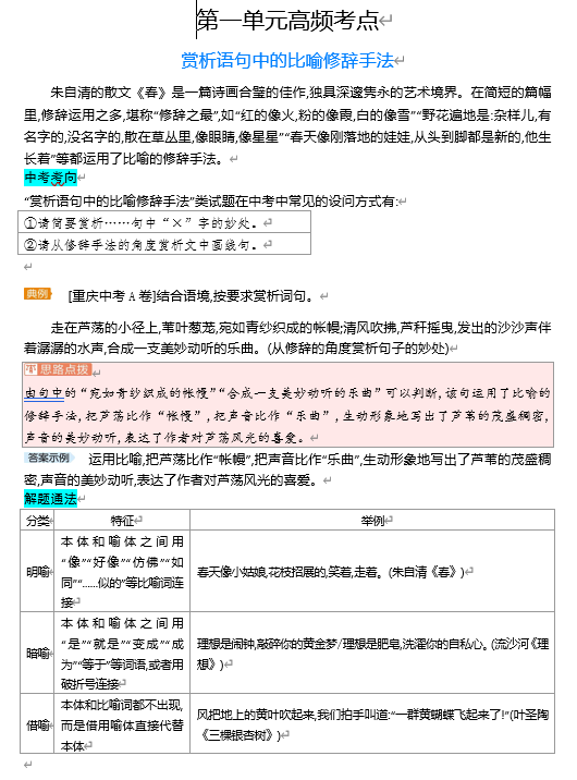 初中语文七上高频考点