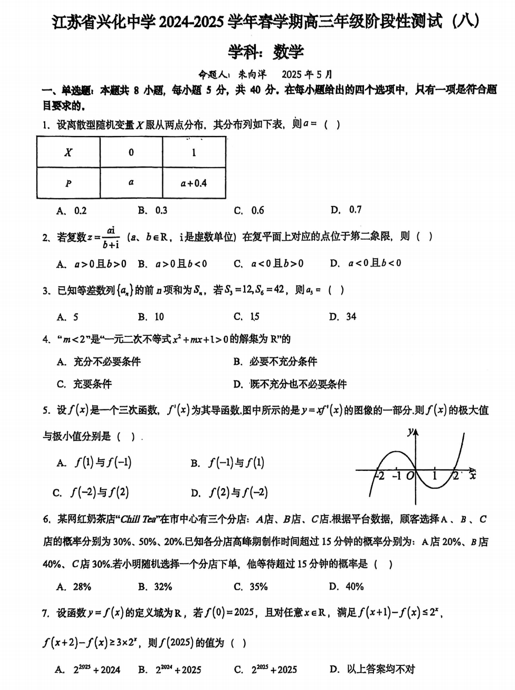 江苏省兴化中学2024-2025学年高三下学期阶段测试（八）数学试题