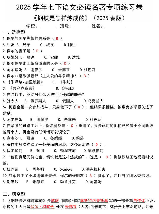 2024-2025学年七下语文必读名著《钢铁是怎样炼成的》专项练习卷