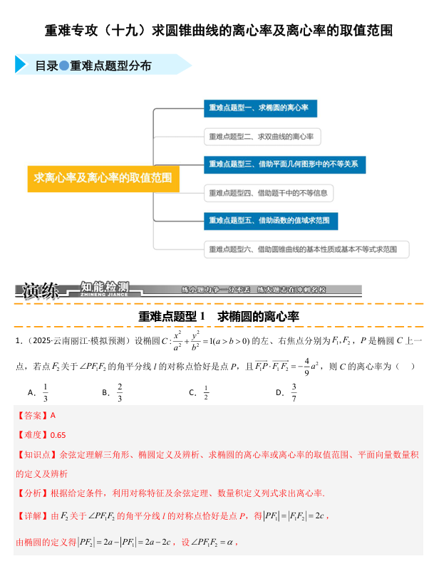 2026《高考数学•一轮复习重点难点题型》精练 重难专攻(十九)求圆锥曲线的离心率及离心率的取值范围(六类重难点题型精练)