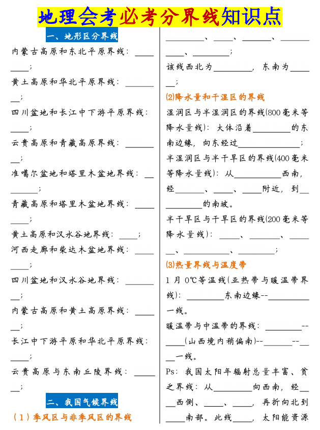 八年级地理会考必考分界线知识点