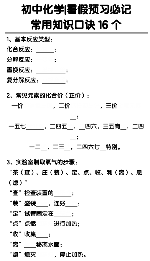 初中化学暑假预习必记：常用知识口诀16个