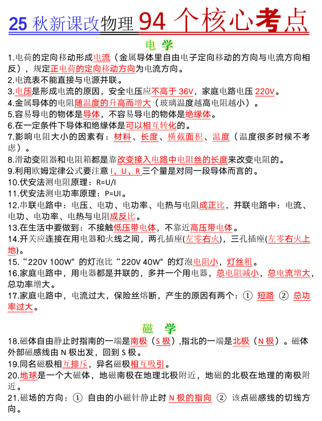 【2025秋新版】物理94个核心考点