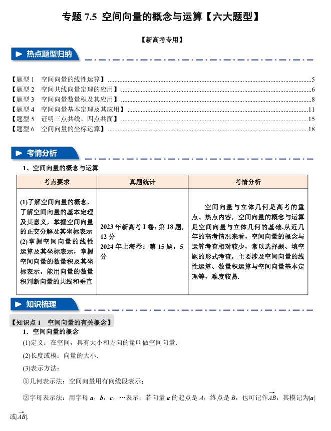  2026年高考数学一轮复习【举一反三】专练（新高考专用）专题练系列 7.5 空间向量的概念与运算【六大题型】