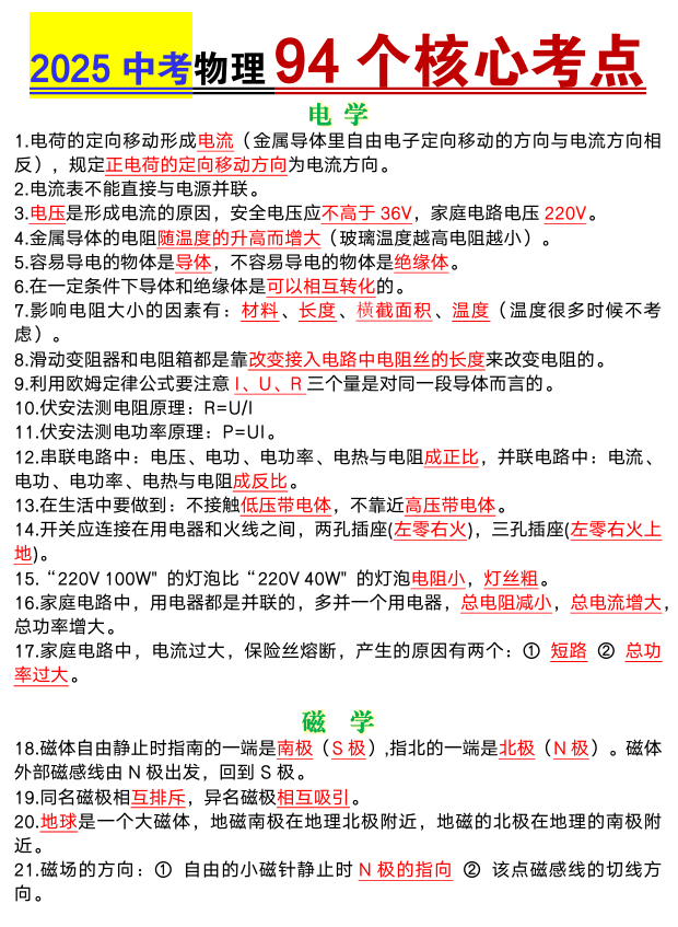 2025中考物理94个核心考点