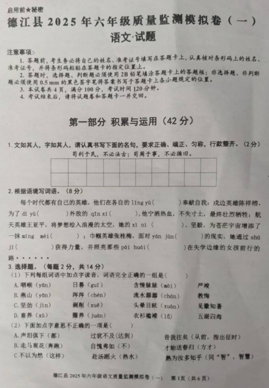 贵州省铜仁市德江县2024-2025学年小升初模拟语文试题
