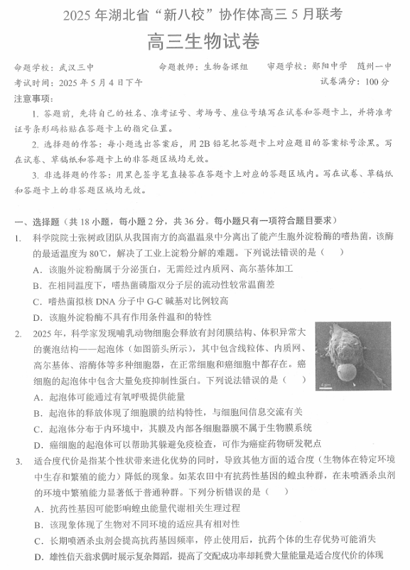 【250505】2025年湖北省新八校协作体高三5月联考（全科）生物试卷