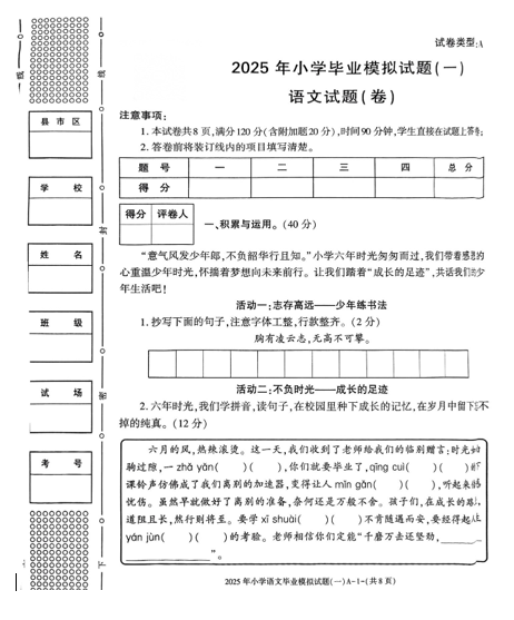 陕西省西安市长安区红杉树小学2024-2025学年六年级下学期6月模拟预测语文试题