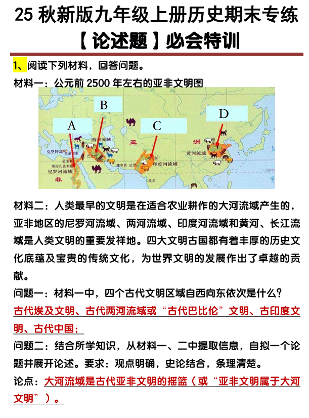 【2025秋新版】九年级上册历史 【论述题】期末专练