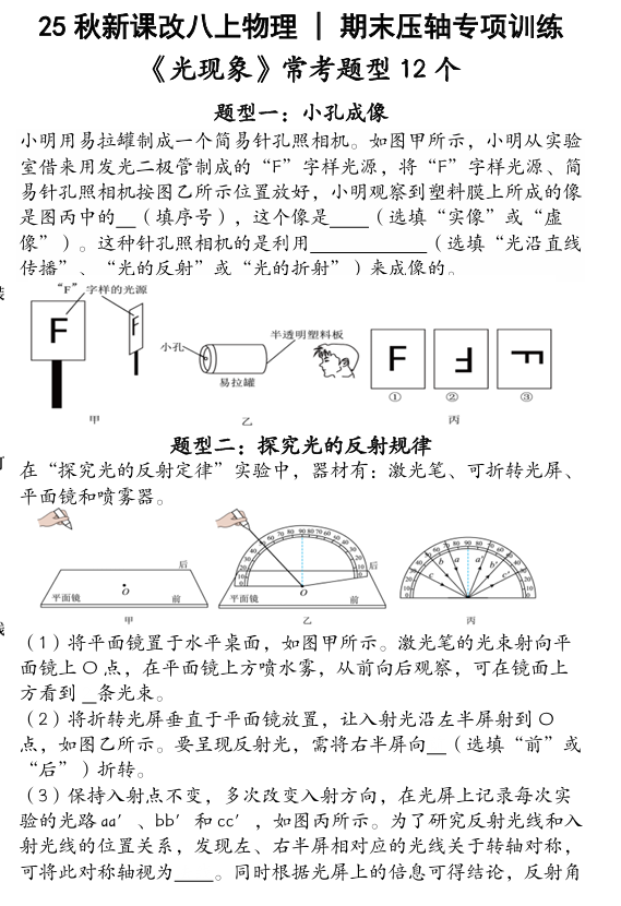 【2025秋新版】人教版八上物理 _ 期末压轴专项训练《光现象》常考题型12个（含答案）