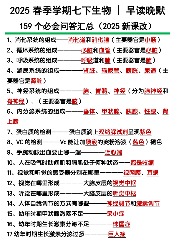 七下生物159个必会问答汇总