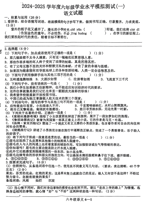 2025年河南省信阳市淮滨县新里乡集北小学六年级下学期5月模拟预测语文试题
