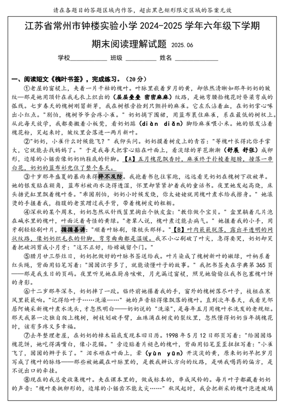 阅读理解试题（专项训练）2025-2026学年统编版语文六年级下册