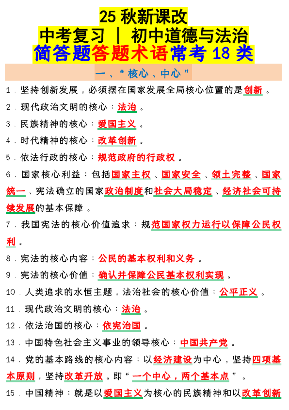 【2025秋新版】中考复习 _ 初中道德与法治：简答题答题术语常考18类