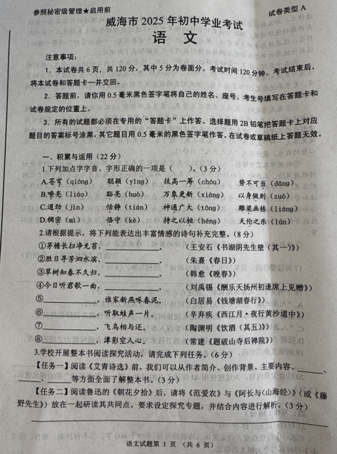 2025年山东省威海市中考语文真题