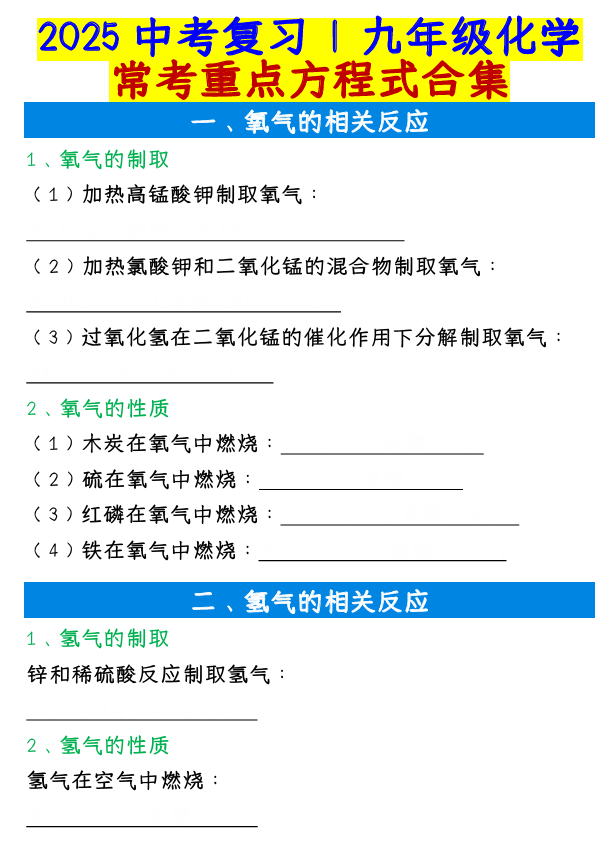 2025中考复习九年级化学常考重点方程式合集