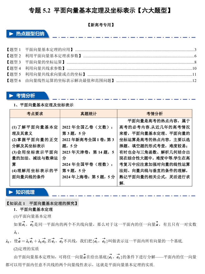 2026年高考数学一轮复习【举一反三】专练(新高考专用)专题练系列 5.2 平面向量基本定理及坐标表示【六大题型】 2026年高考数学一轮复习【举一反三】专练(新高考专用)专题练系列 5.2 平面向量基本定理及坐标表示【六大题型】