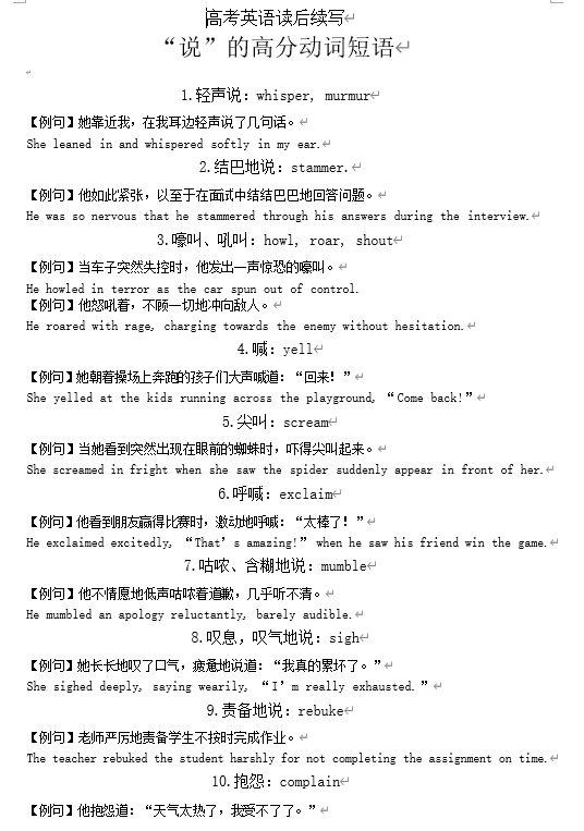 高中英语2025届高考读后续写“说”的高分动词短语(共20个)