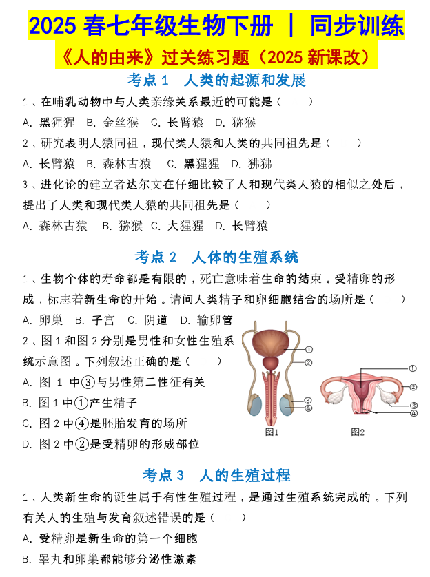 七年级生物下册 _ 同步训练《人的由来》过关练习题