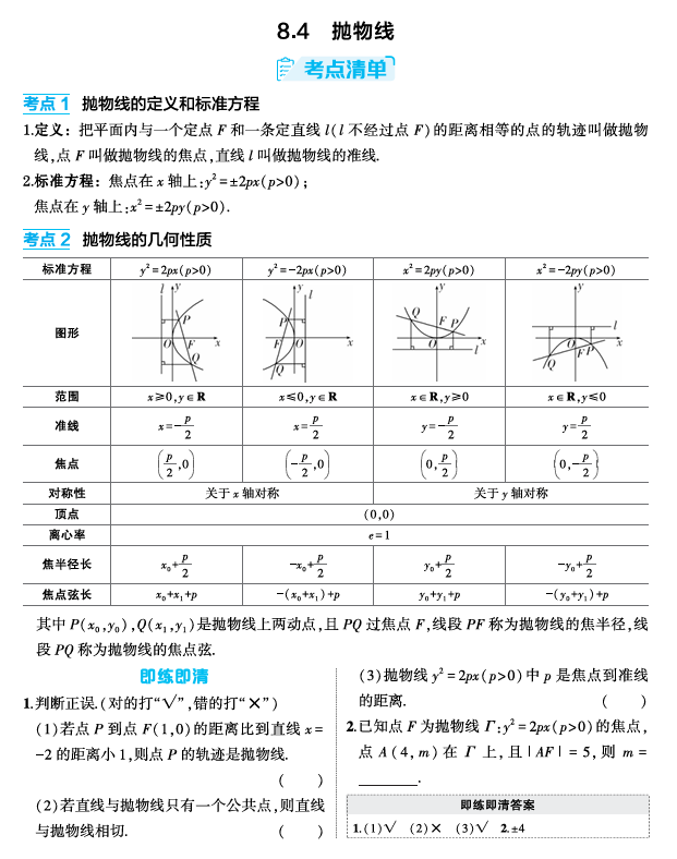 2026《53高考总复习A版》数学 精讲 8 4  抛物线