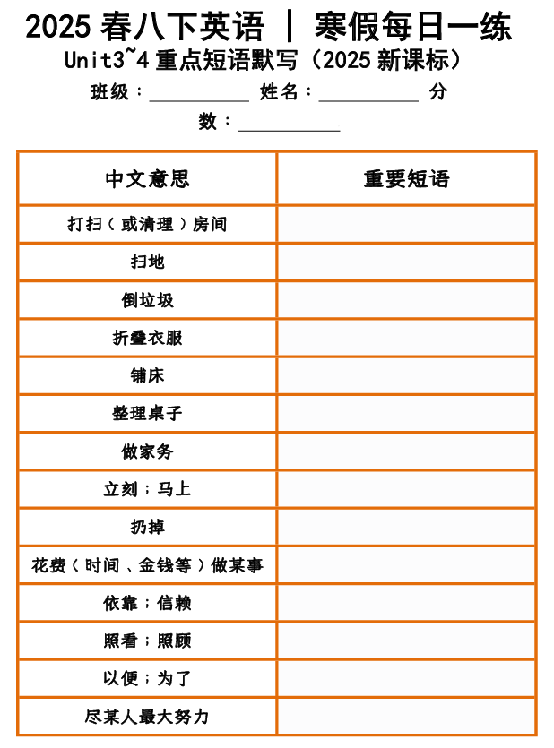 2025春八下英语 _ 寒假每日一练 Unit3~4重点短语默写